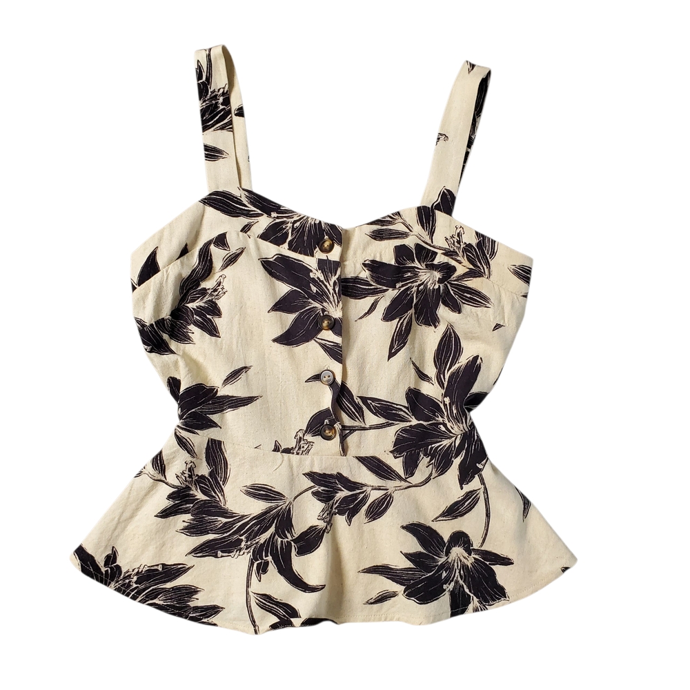 Monteau Peplum Tank Womens Small Tan Black Floral Buttons Wide Strap Top